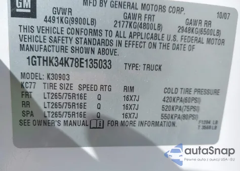 2008 GMC Sierra 3500Hd Work Truck из США, поврежденный, VIN 1GTHK34K78E135033